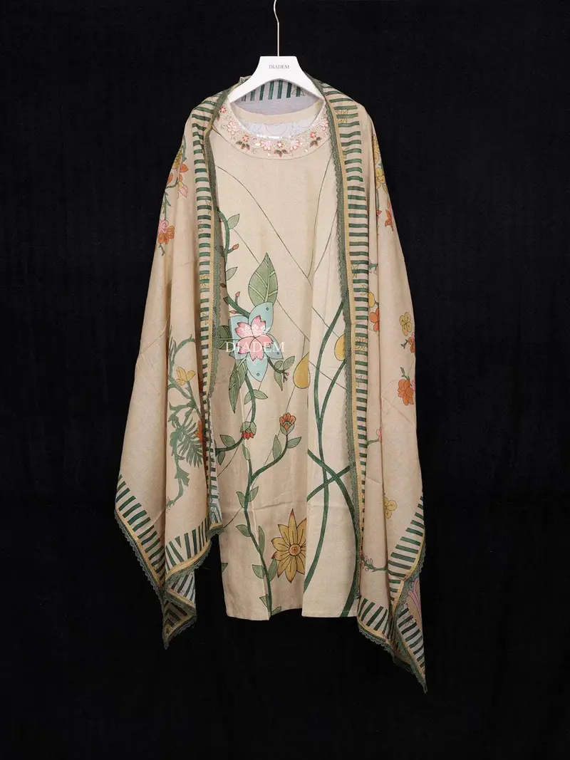 Light Mustard Crepe Straight Cut Salwar Suit Adorned With Floral Prints Paired With Dupatta 2