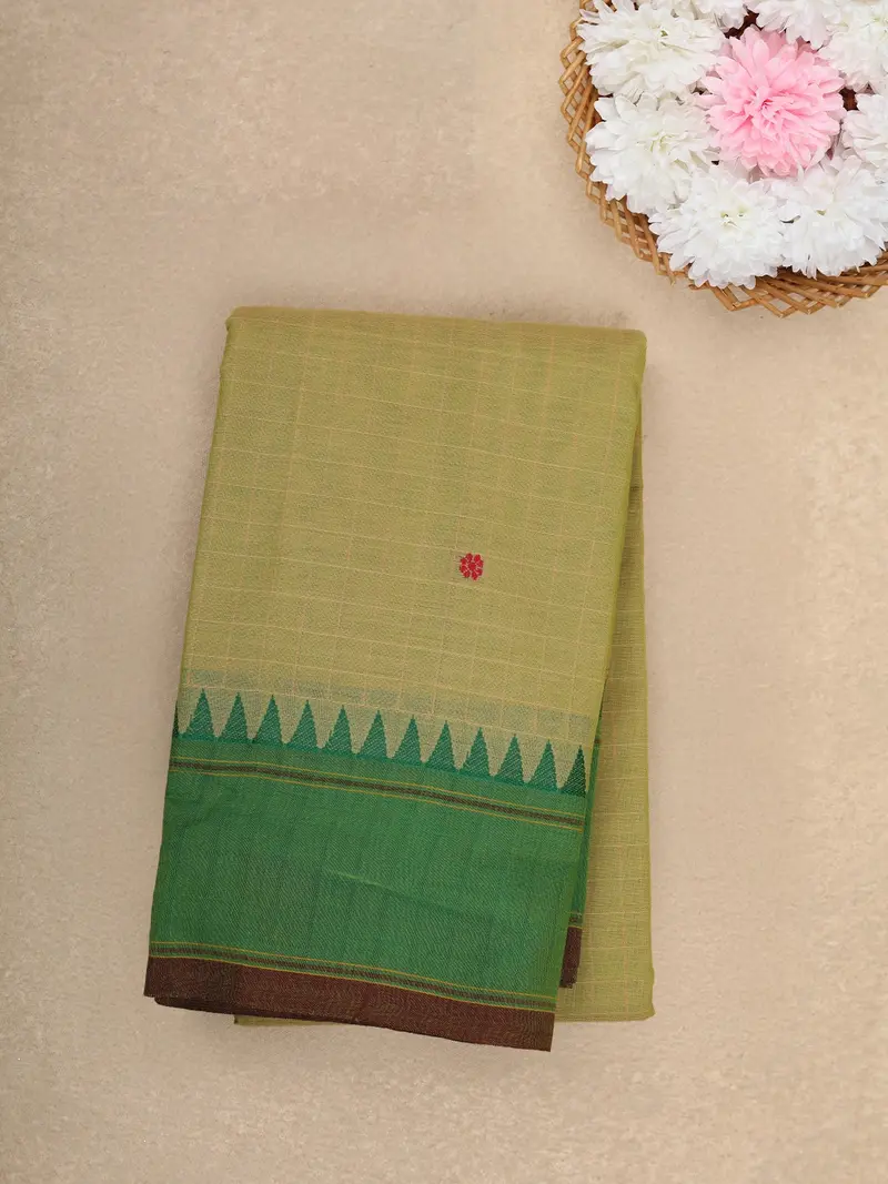 Light Olive Green Checked Design Cotton Saree With Green Temple Border 1