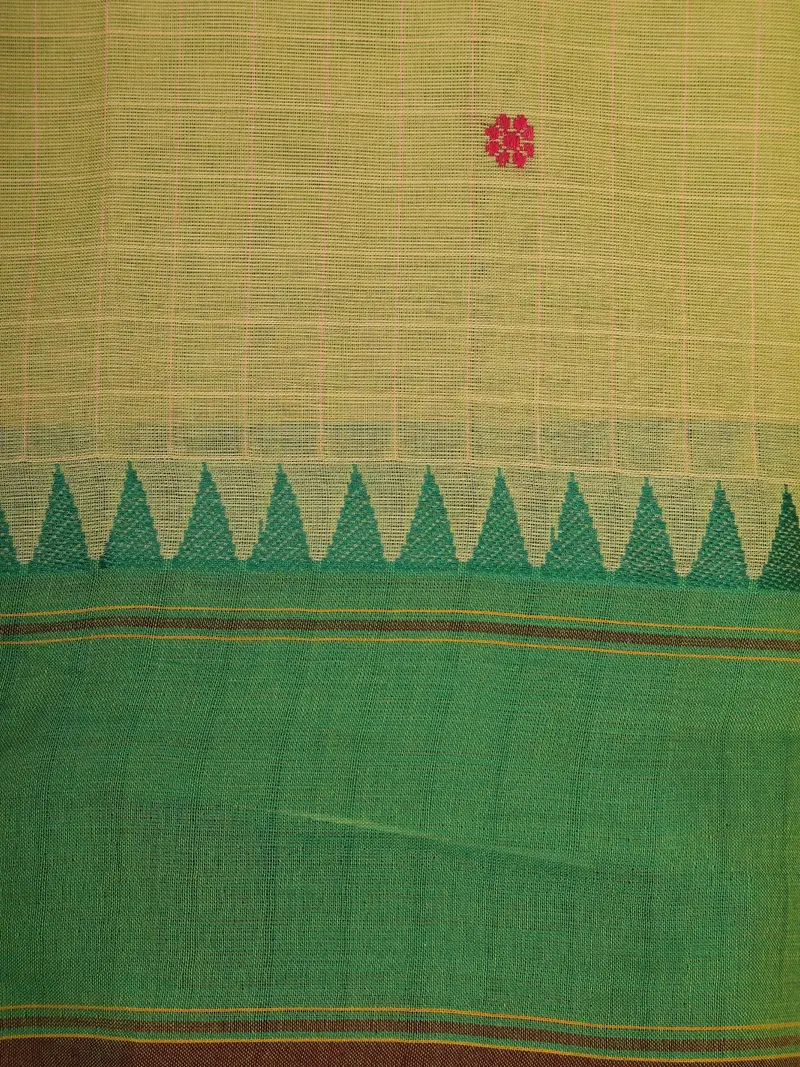 Light Olive Green Checked Design Cotton Saree With Green Temple Border 2
