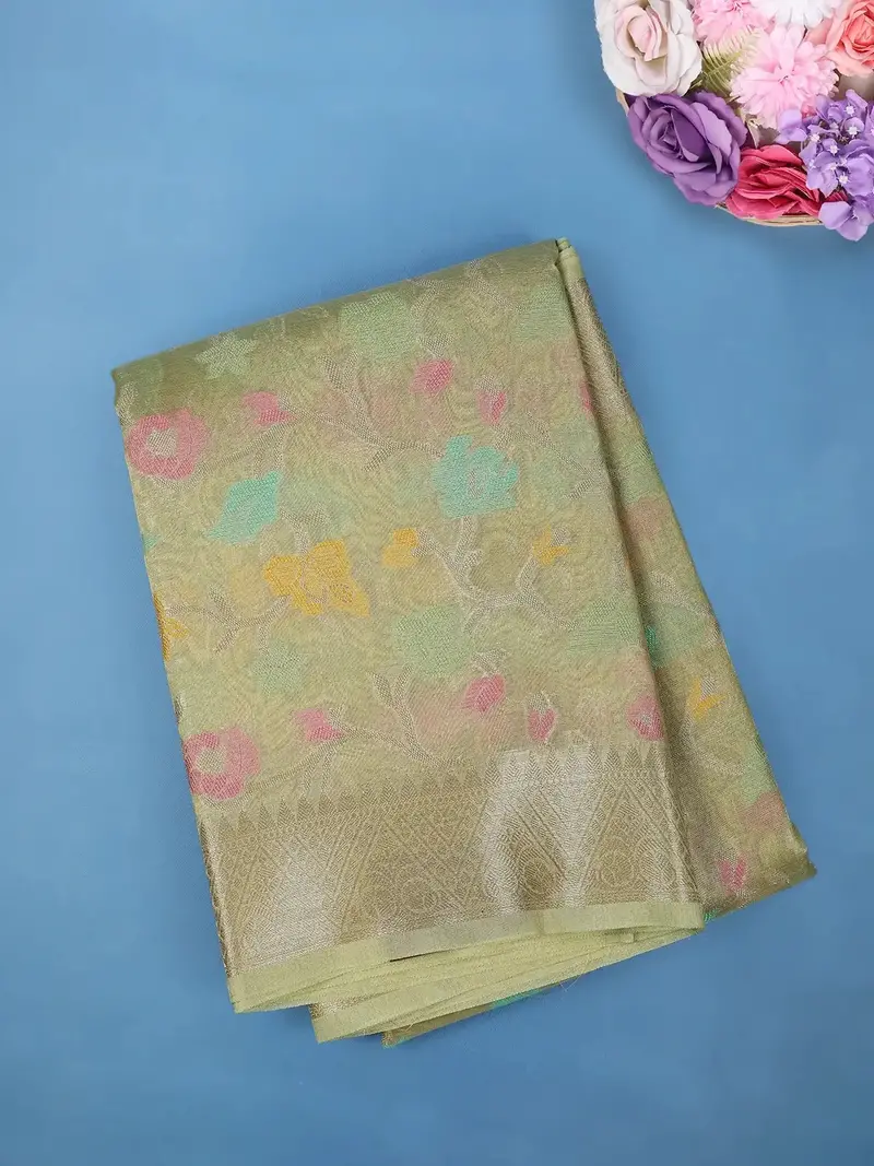 Light Olive Green Floral Design Woven Tissue Silk Saree 1