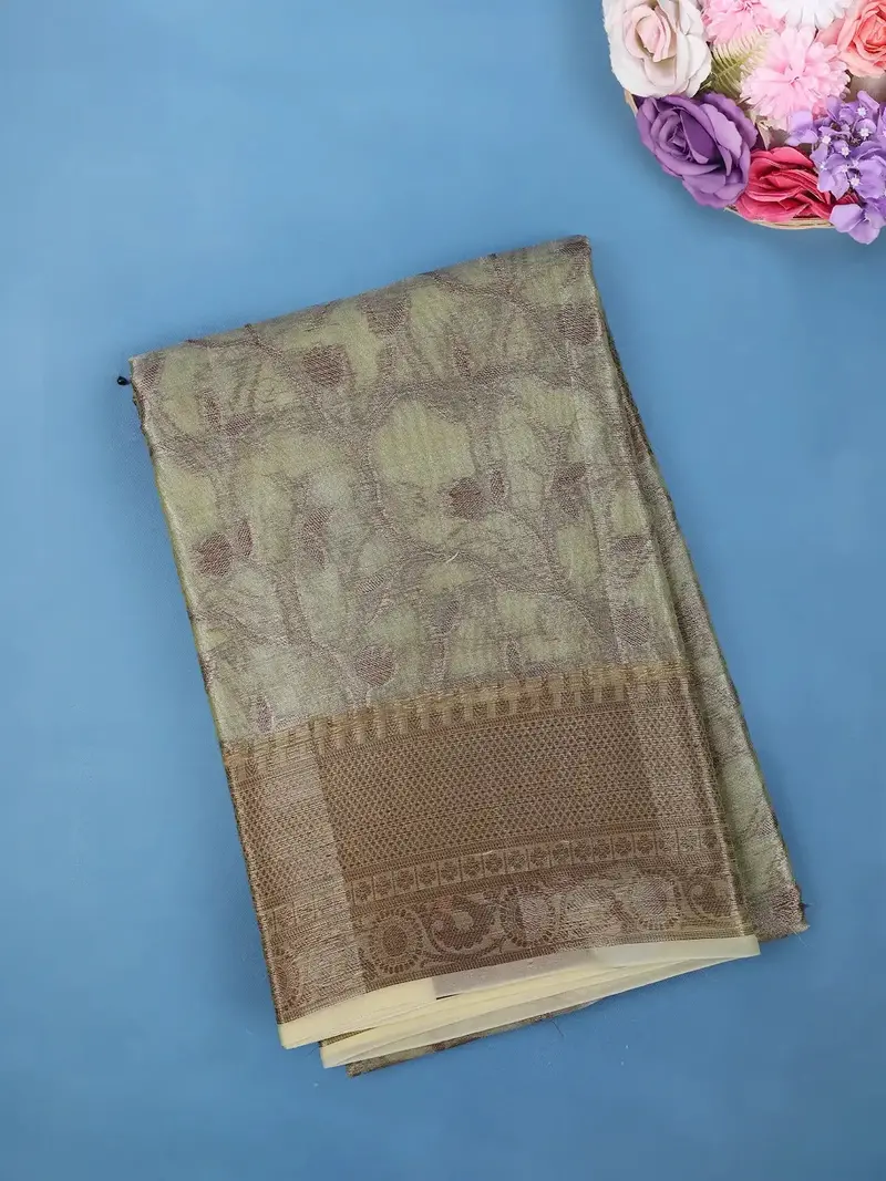 Light Olive Green Floral Design Woven Tissue Silk Saree 1