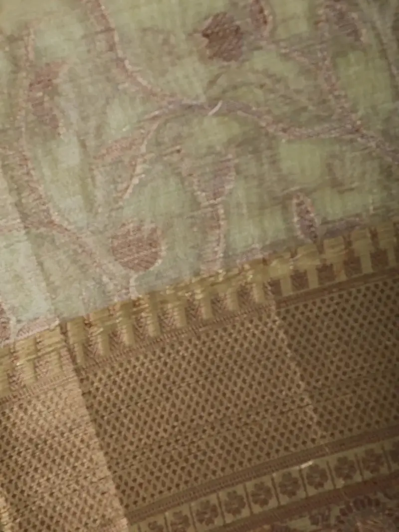 Light Olive Green Floral Design Woven Tissue Silk Saree 2