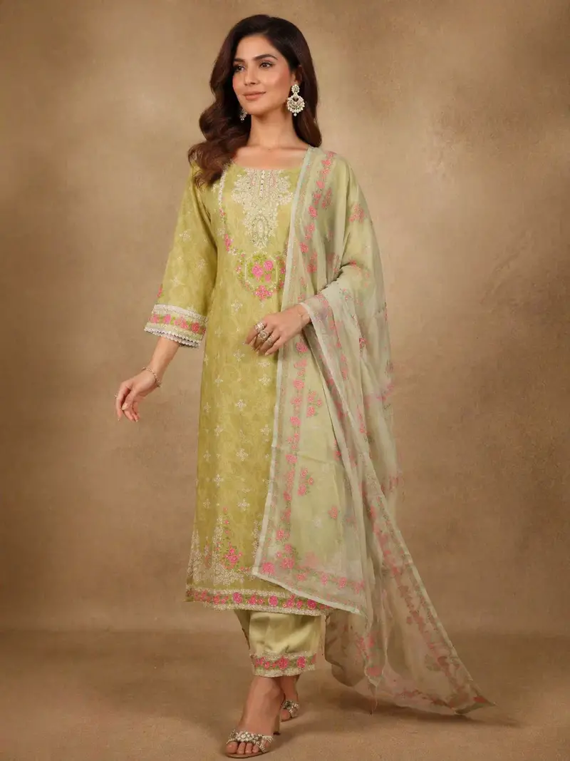 Light Olive Green Floral Printed Cotton Salwar Suit With Dupatta 1