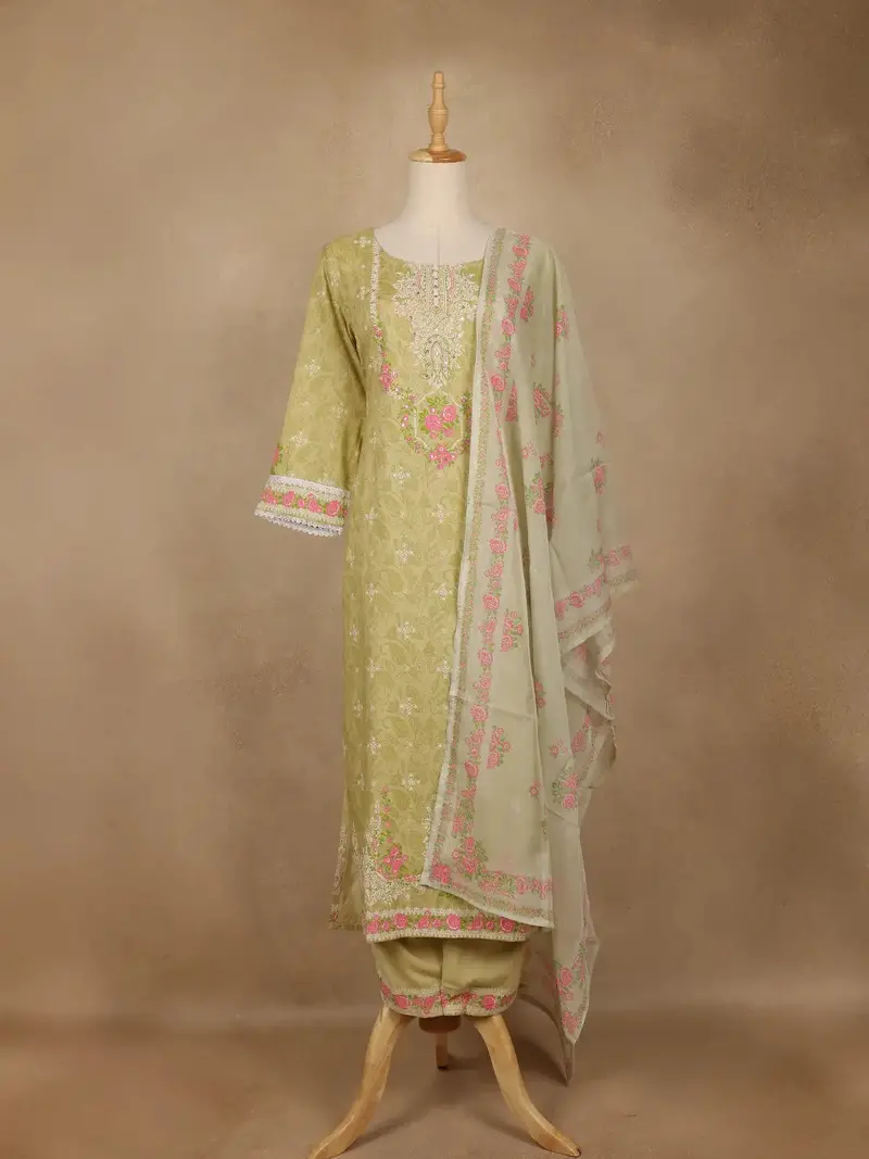 Light Olive Green Floral Printed Cotton Salwar Suit With Dupatta 2