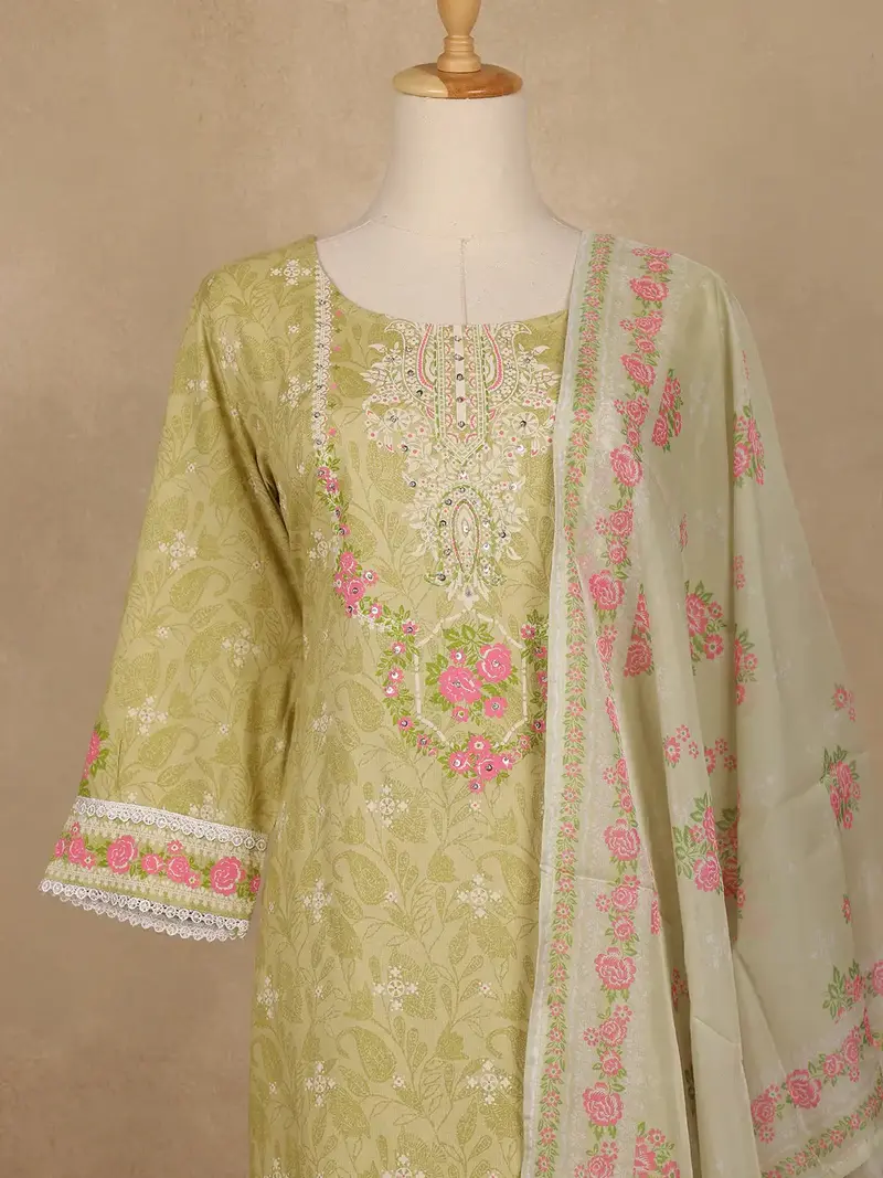 Light Olive Green Floral Printed Cotton Salwar Suit With Dupatta 3