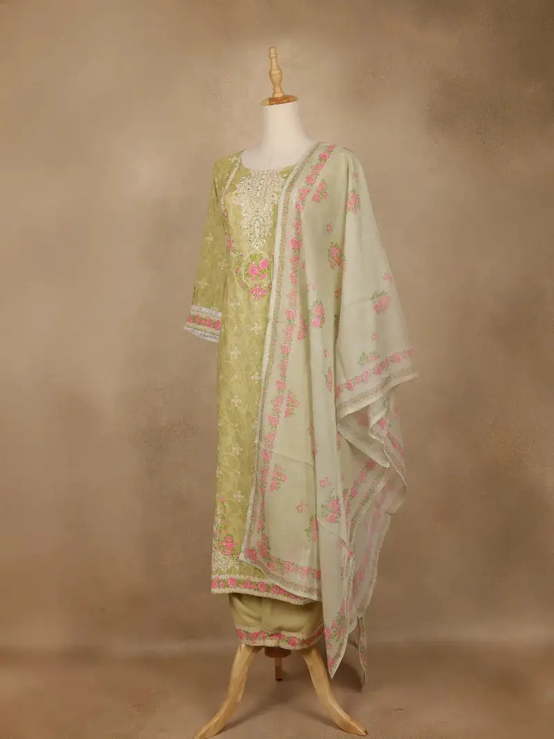 Light Olive Green Floral Printed Cotton Salwar Suit With Dupatta 4