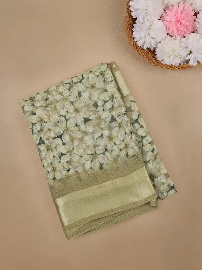 Light Olive Green Floral Printed Fancy Cotton Saree With Solid Zari Border 1