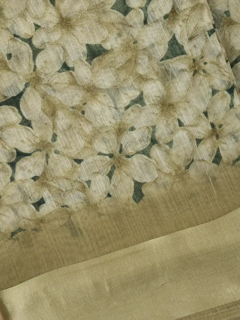 Light Olive Green Floral Printed Fancy Cotton Saree With Solid Zari Border 2