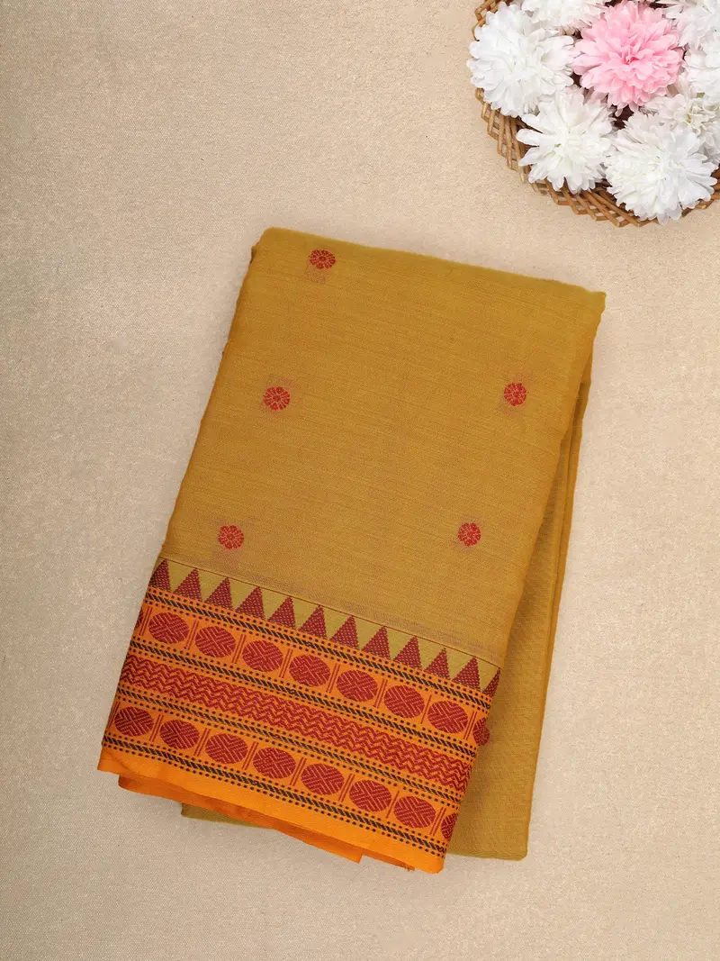 Light Olive Green Solid Design Cotton Saree With Orange Temple Border 1