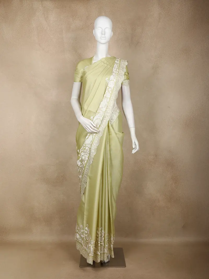 Light Olive Green Solid Design Tussar Saree With White Thread Embroidered Lace Border 1