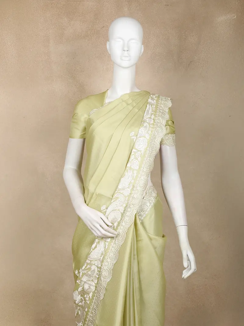 Light Olive Green Solid Design Tussar Saree With White Thread Embroidered Lace Border 2