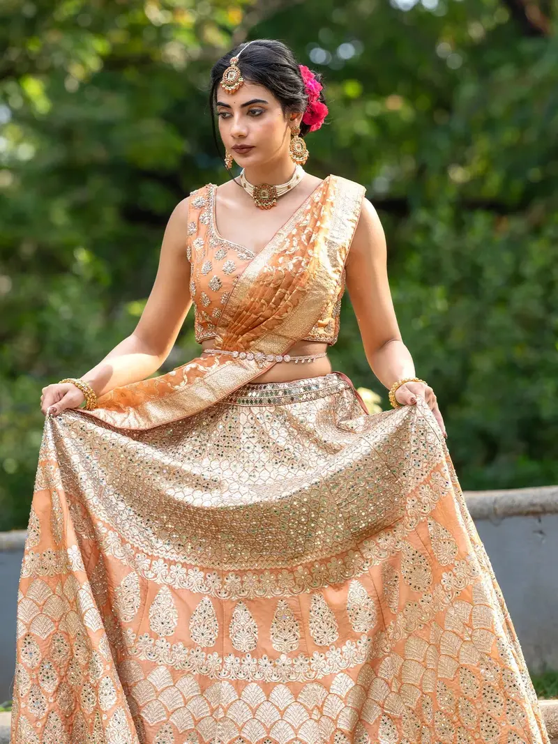 Light Orange Banarasi Silk Mirror Work Bridesmaids Lehenga 1