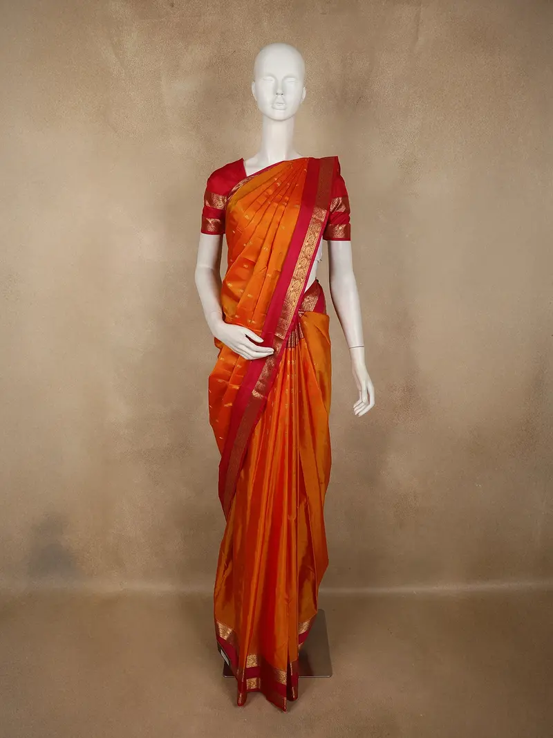 Light Orange Butta Zari Woven Design Pure Kanchipuram Silk Saree With Contrast Zari Border 1