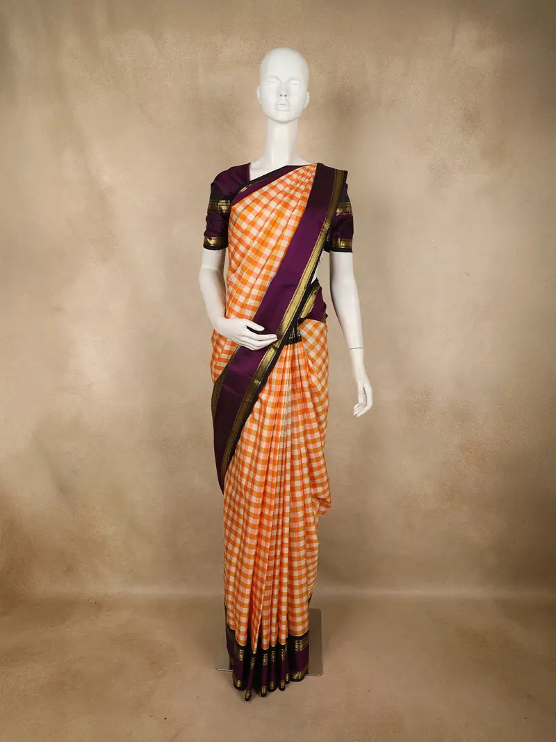 Light Orange Checked Woven Design Pure Kanchipuram Silk Saree With Contrast Zari Border 1