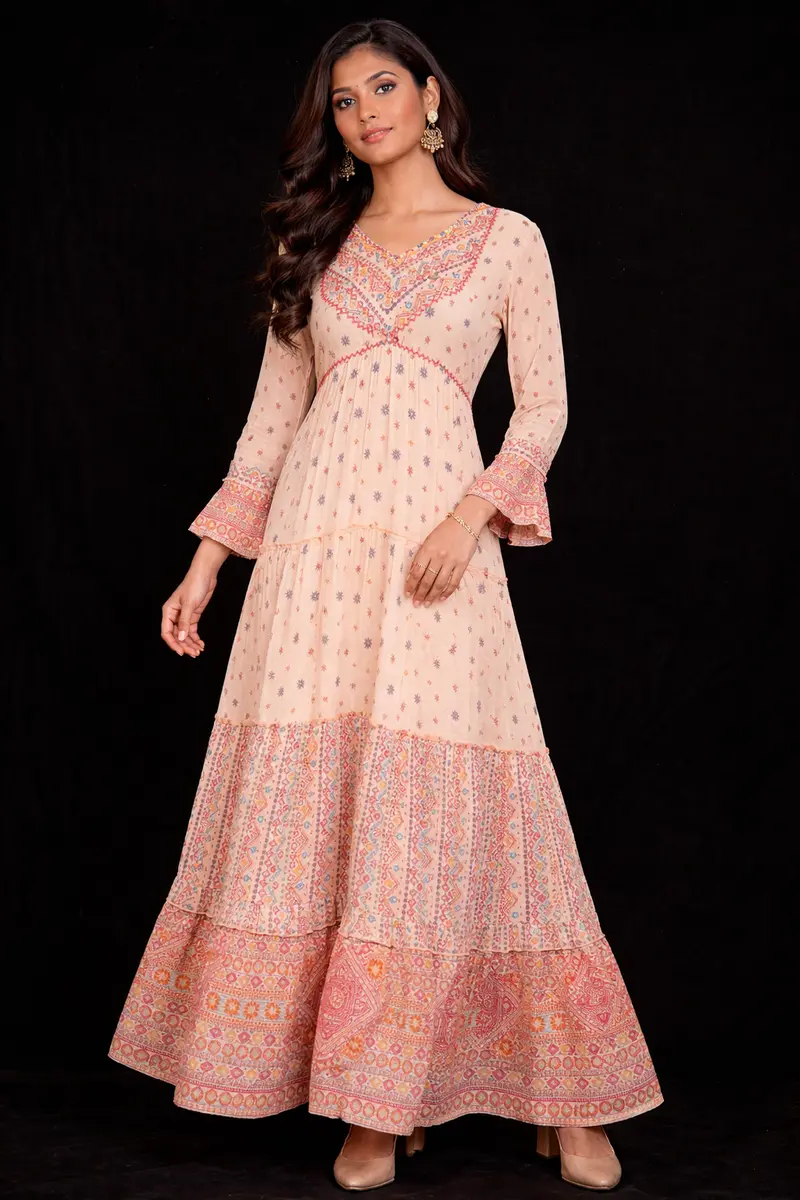 Light Orange Cotton Long Kurti Adorned With Floral Prints 1
