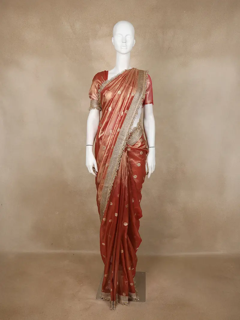 Light Orange Floral Butta Design Tissue Saree With Designer Lace Border 1