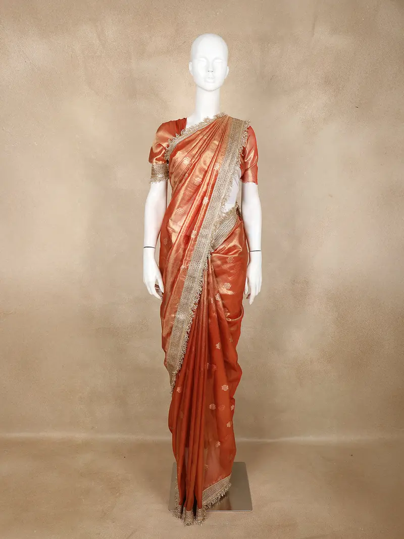 Light Orange Floral Butta Design Tissue Saree With Designer Lace Border 1