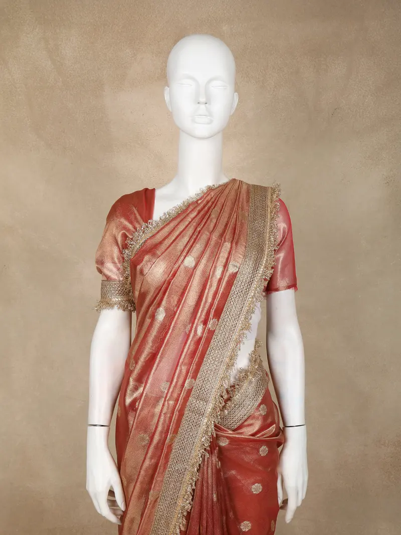 Light Orange Floral Butta Design Tissue Saree With Designer Lace Border 2
