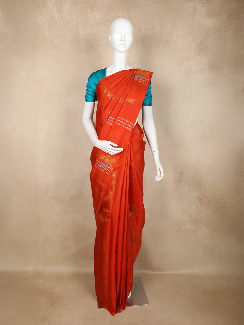 Light Orange Floral Design Kanchipuram Silk Saree With Solid Border 1