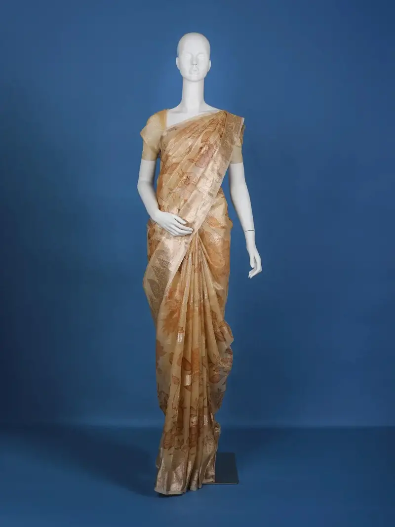 Light Orange Floral Designed Tissue Silk Saree 1