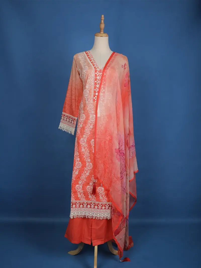 Light Orange Floral Printed Cotton Salwar Suit 1