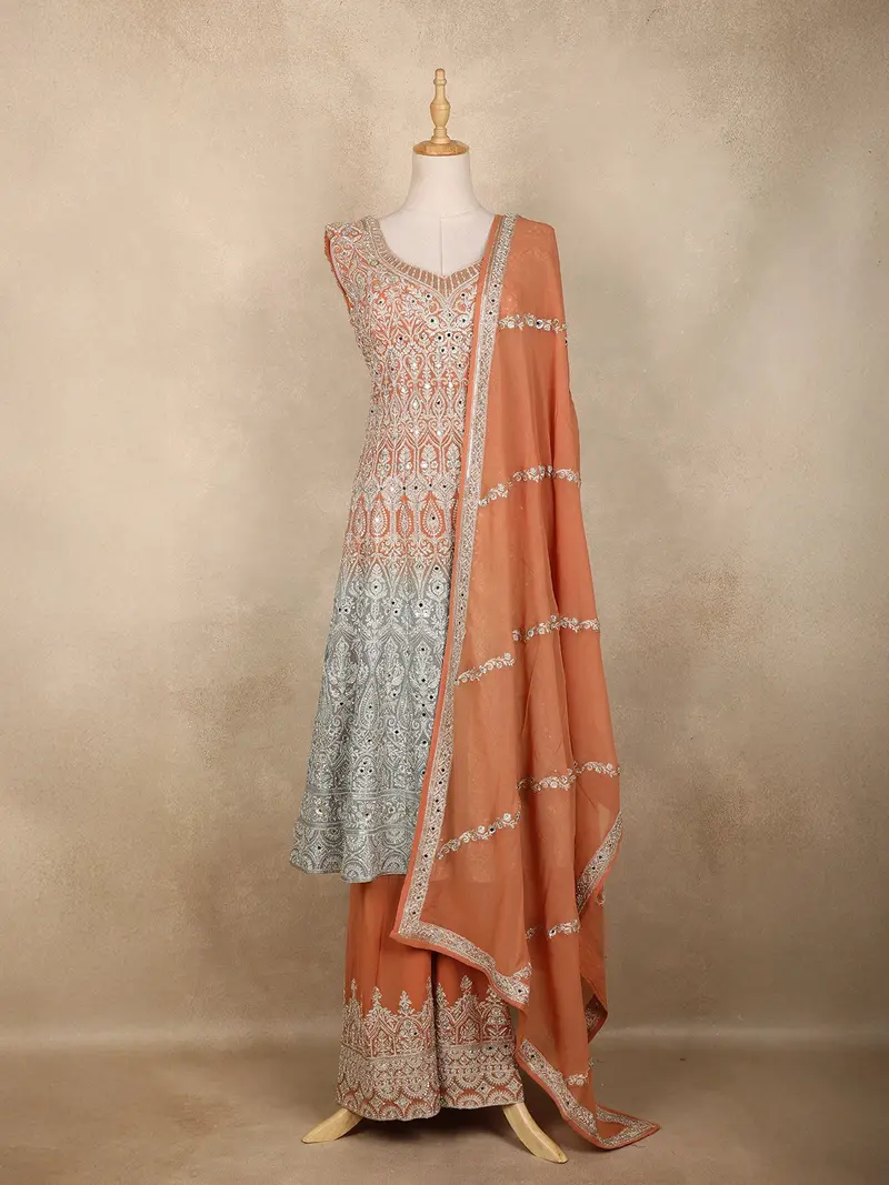Light Orange Floral Sequins Embroidered Georgette Palazzo Suit With Dupatta 1