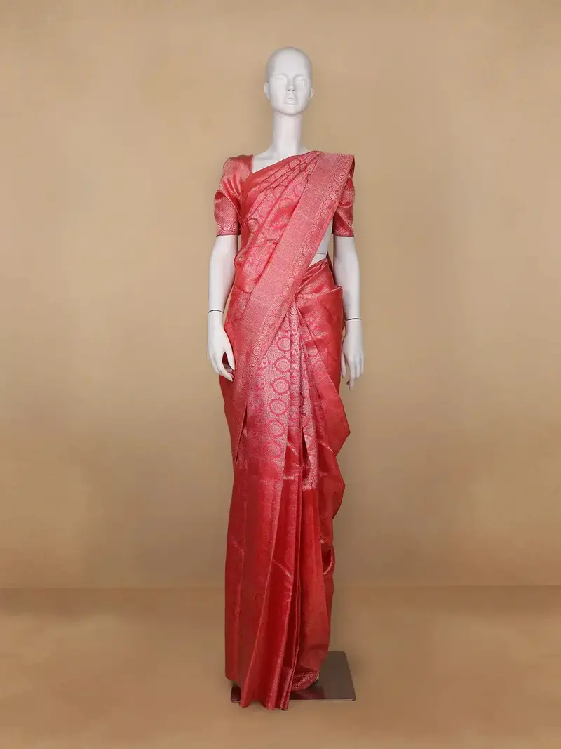 Light Orange Floral Woven Pure Kanchipuram Silk Saree 1