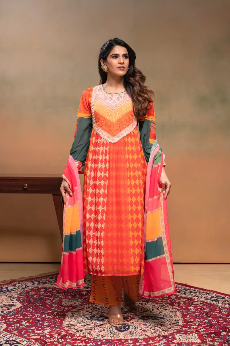 Light Orange Geometric Printed Georgette Salwar Suit With Dupatta 1