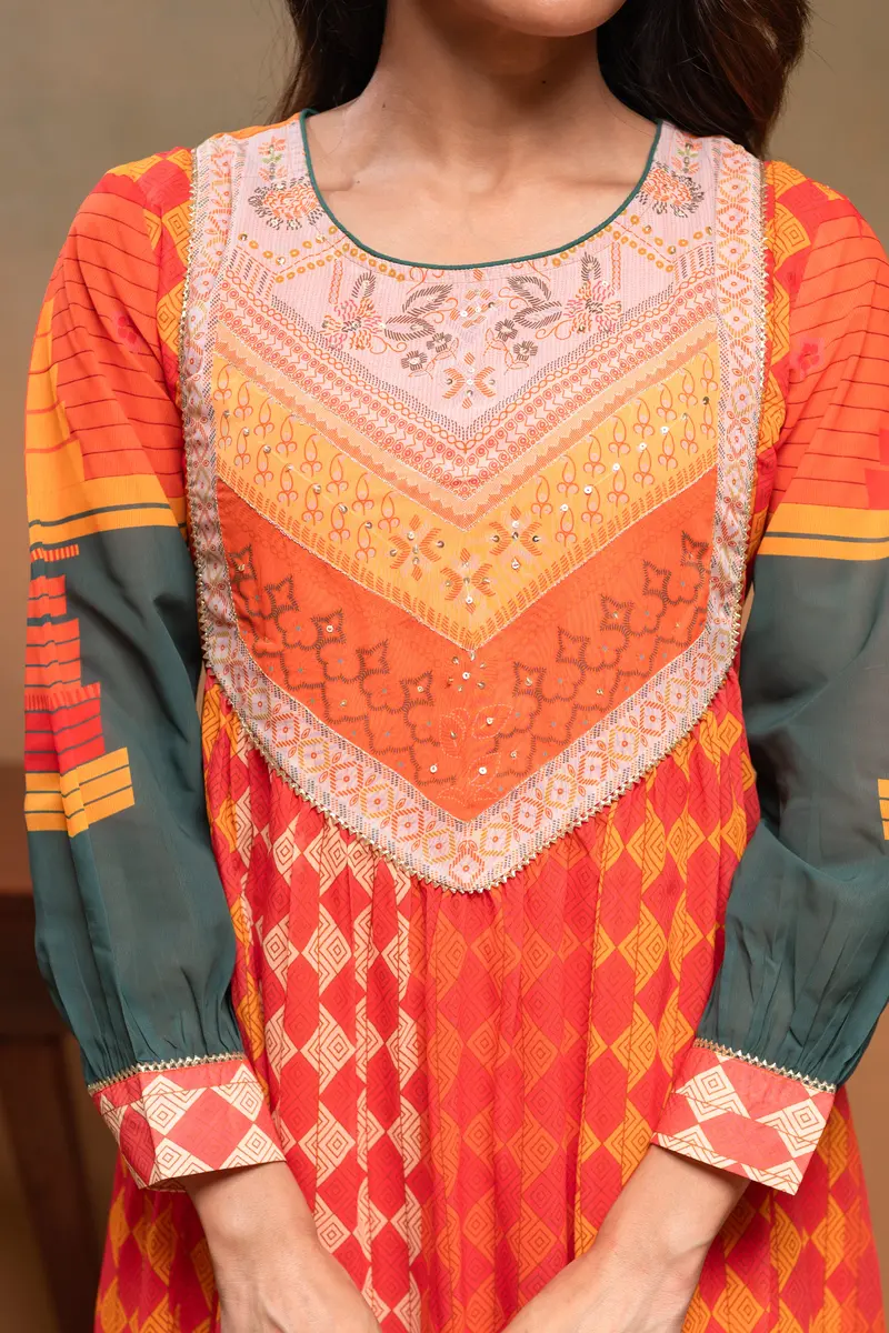 Light Orange Geometric Printed Georgette Salwar Suit With Dupatta 2