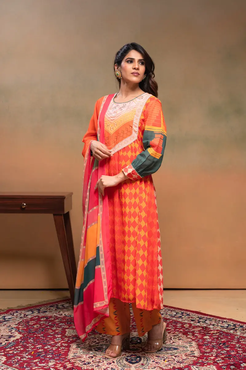 Light Orange Geometric Printed Georgette Salwar Suit With Dupatta 3
