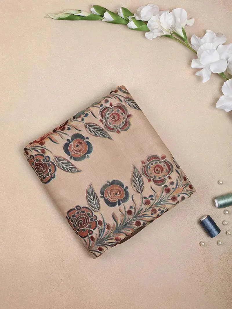 Light Orange Semi Tussar Silk Saree With Floral And Leaf Design On The Body And Without Border 1