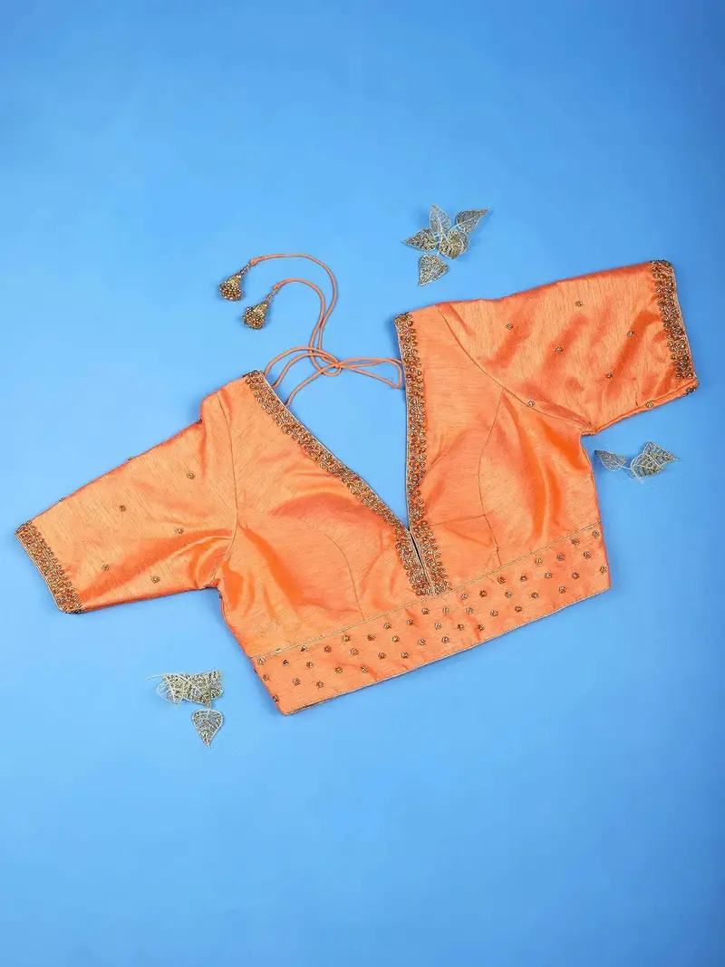 Light Orange Silk Readymade Blouse Adorned Cell Bead Embroidery Designs 1