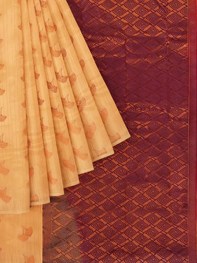 Light Orange Silk Saree With Floral Motif On The Body And Without Border 1