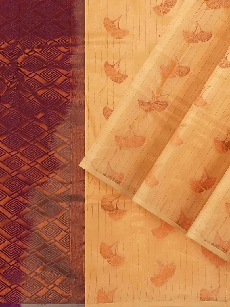 Light Orange Silk Saree With Floral Motif On The Body And Without Border 2