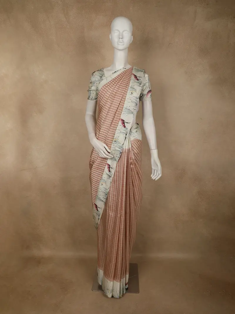 Light Peach Checked Printed Design Pure Crepe Silk Saree With Contrast Border 1