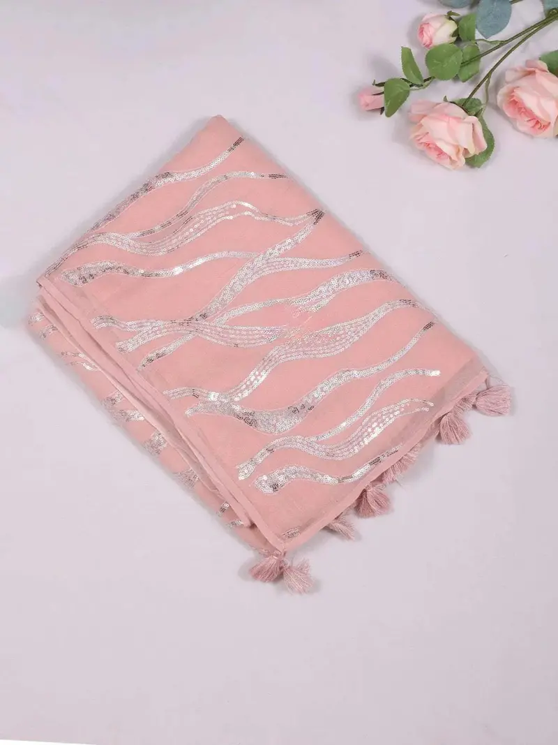 Light Peach Chiffon Saree With Sequins Designs On The Body And Embroidery Border 1
