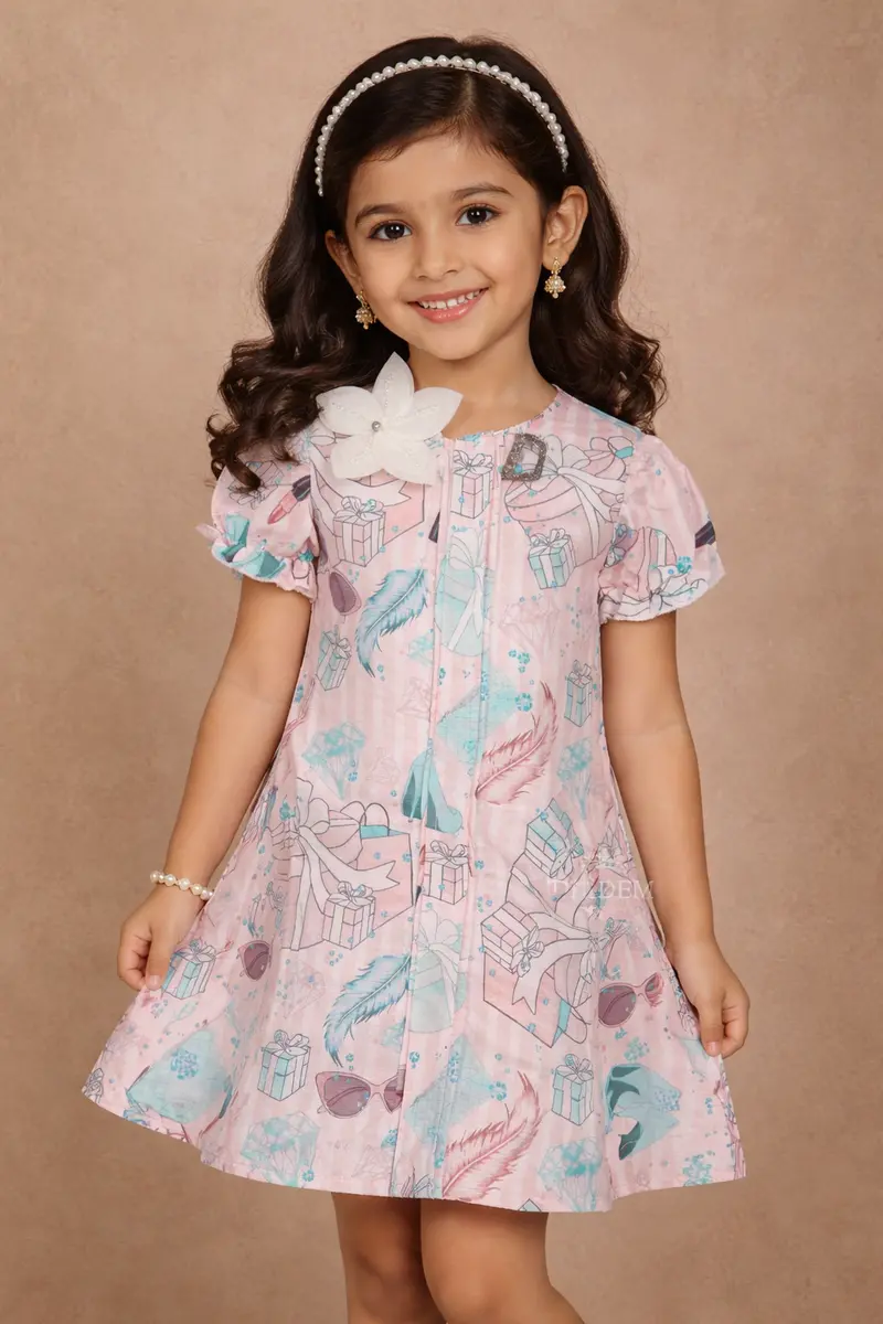 Light Peach Cotton Frock Adorned With Prints And 3D Flowers 1