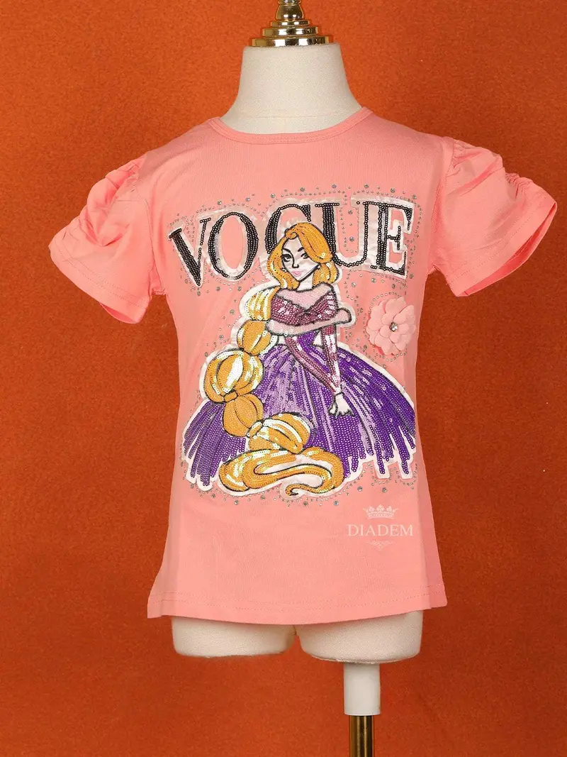 Light Peach Cotton Half Sleeve Embroidery T-Shirt For Girls 1