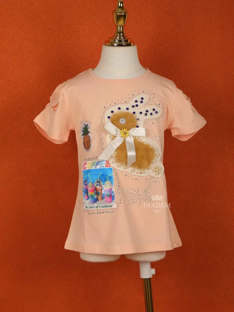 Light Peach Cotton Half Sleeve T-Shirt For Girls 1