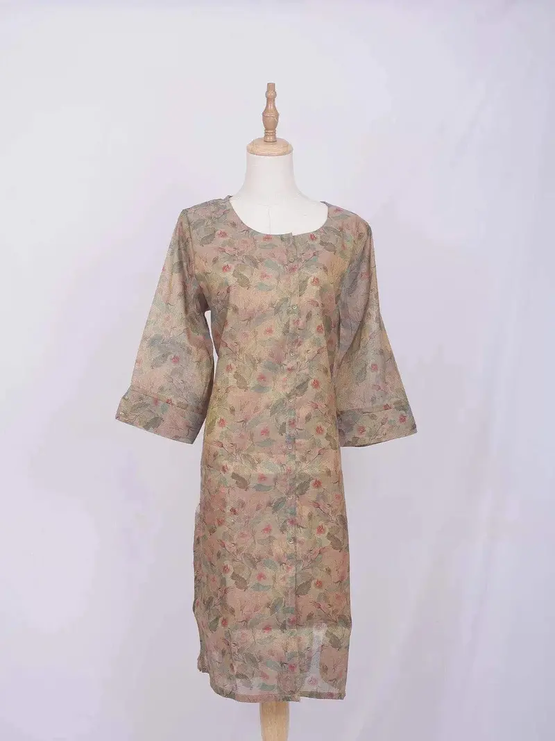 Light Peach Cotton Kurti Top Adorned With Flower Design Prints Without Dupatta 1