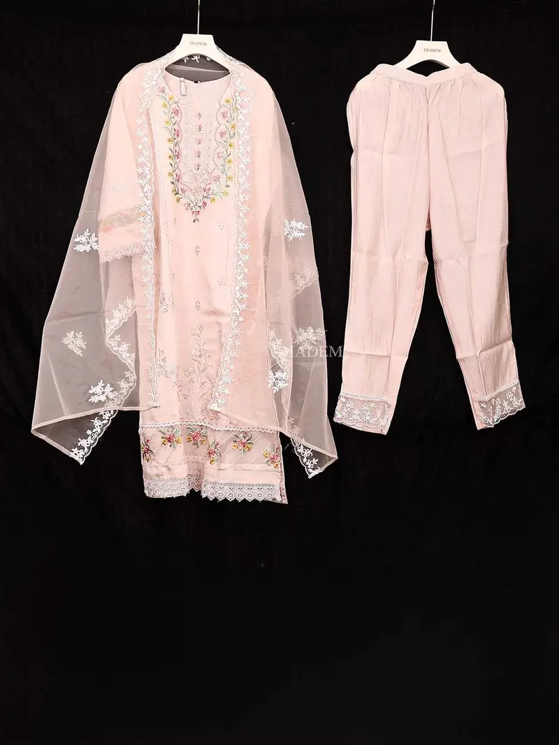 Light Peach Crepe Straight Cut Salwar Suit Adorned With Floral Embroidery, Paired With Dupatta 1