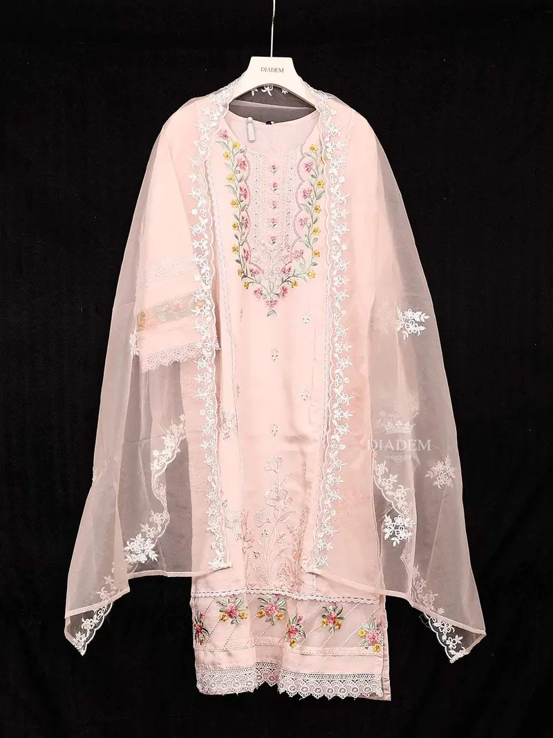 Light Peach Crepe Straight Cut Salwar Suit Adorned With Floral Embroidery, Paired With Dupatta 2