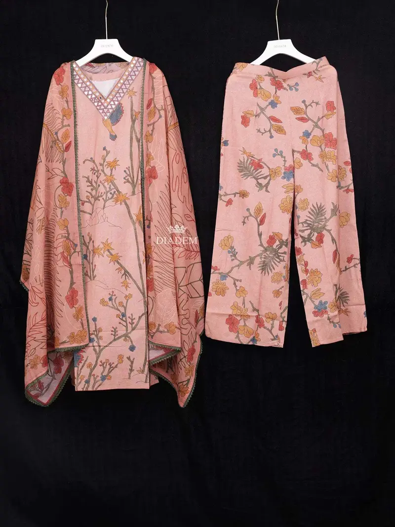 Light Peach Crepe Straight Cut Salwar Suit Adorned With Floral Prints Paired With Dupatta 1