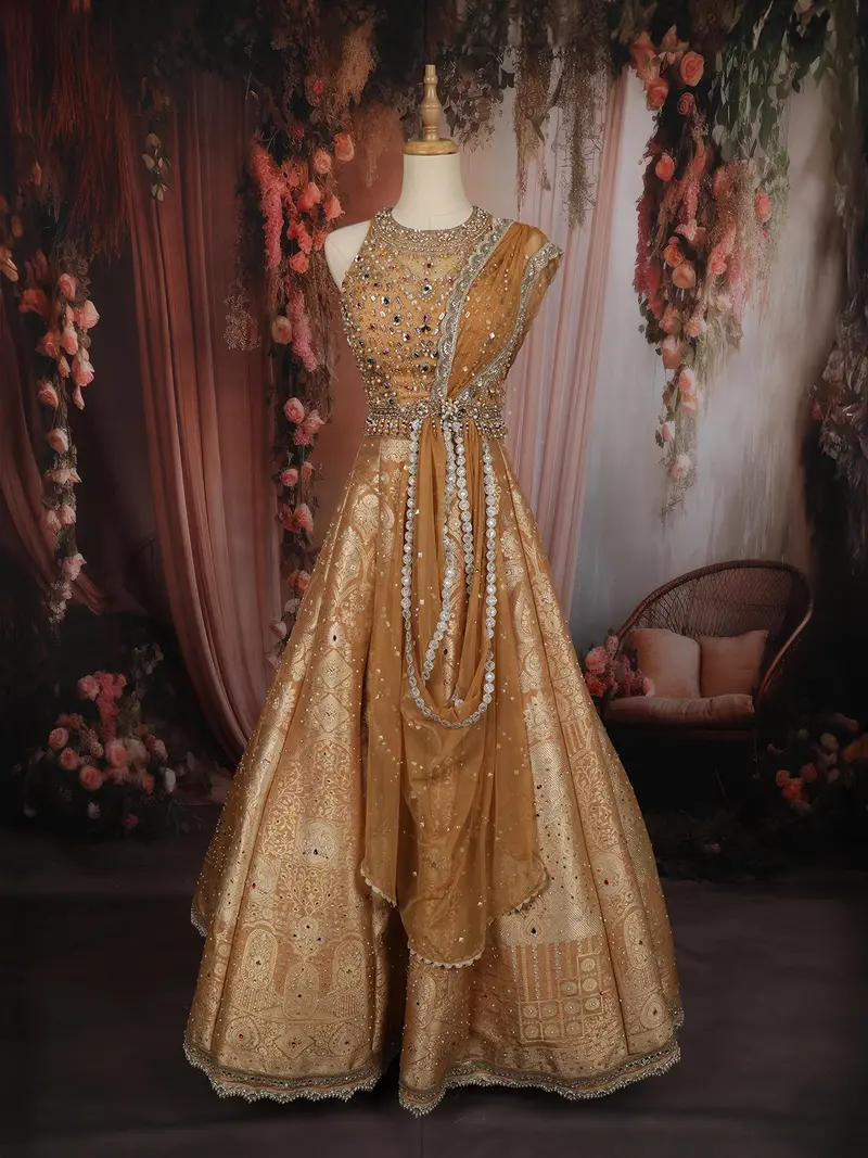 Light Peach Floral Beads Embroidered Design Banarasi Silk Lehenga With Dupatta 1