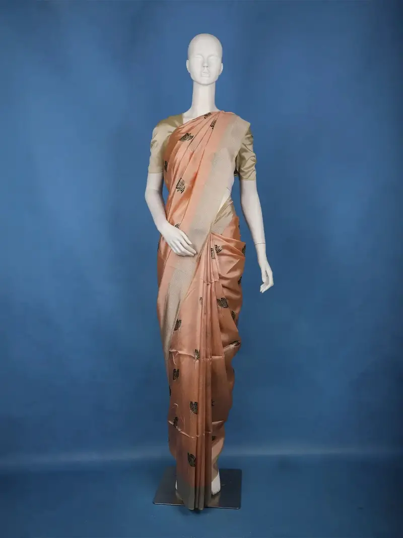 Light Peach Floral Butta Design Semi Tussar Silk Saree 1