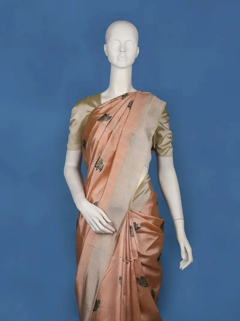 Light Peach Floral Butta Design Semi Tussar Silk Saree 2