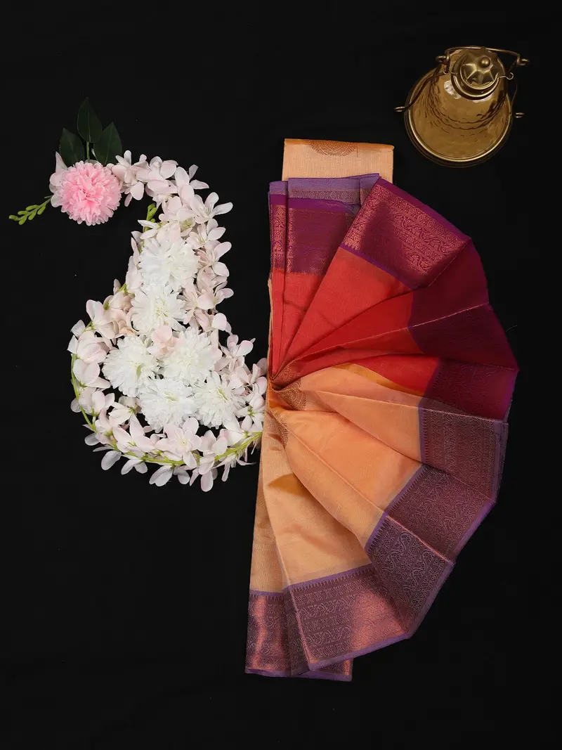 Light Peach Floral Butta Design Soft Silk Saree With Contrast Lavender Border 1