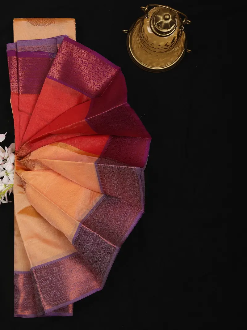 Light Peach Floral Butta Design Soft Silk Saree With Contrast Lavender Border 2