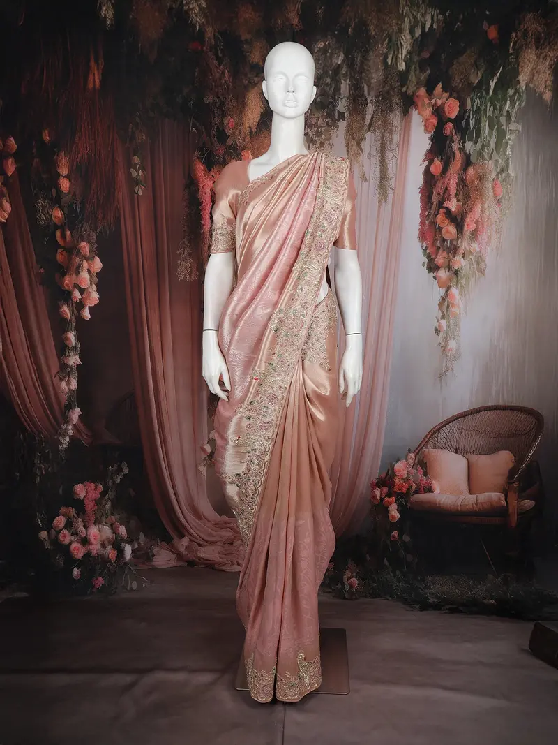 Light Peach Floral Design Pure Tissue Silk Saree 1