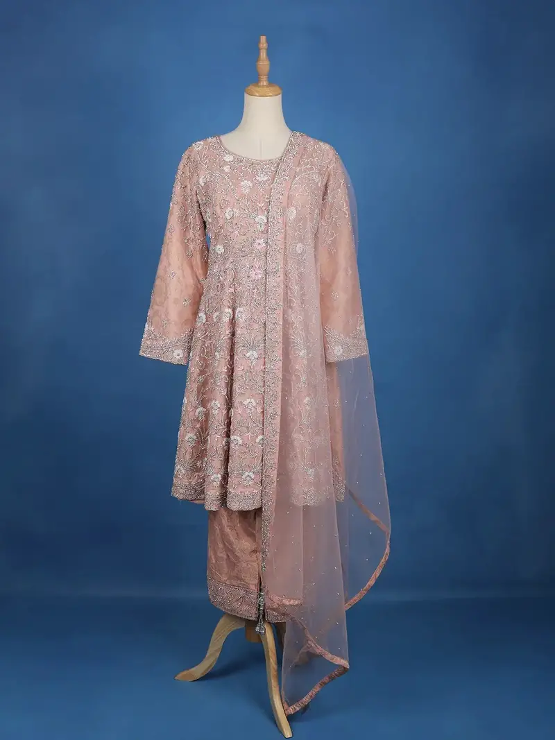 Light Peach Floral Designed Net Salwar Suit 1
